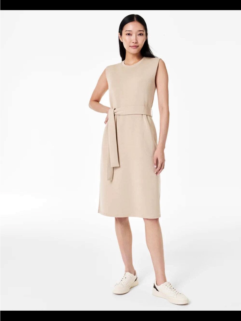 SPANX Sleeveless Midi Dress with Self-Tie Belt in Beige